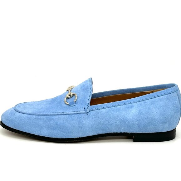 Gucci Jordaan Horsebit Bit Suede Slip On Loafers Flat Shoes Glacial Blue - Picture 3 of 15